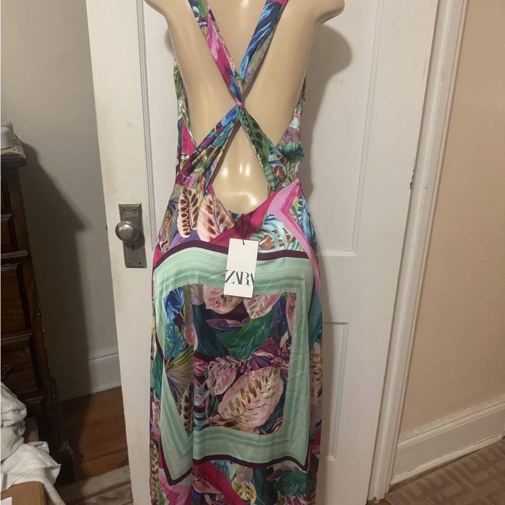Zara women's tropical satin open back maxi dress